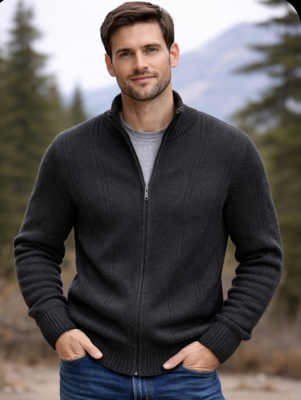 Banana Republic Charcoal Grey Merino Wool Zip‎ Sweater Jacket.
